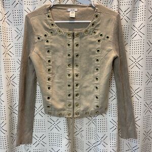 Cache camel faux suede jacket top with gold eyelets and zipper